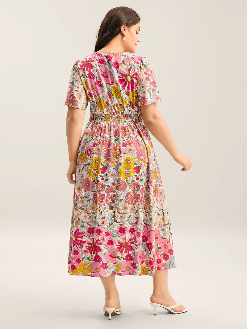 Vibrant Floral Print Pleated Waist Midi Dress