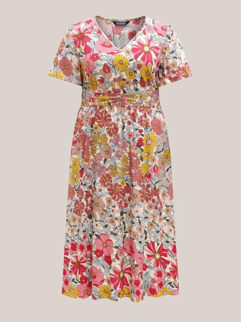 Vibrant Floral Print Pleated Waist Midi Dress