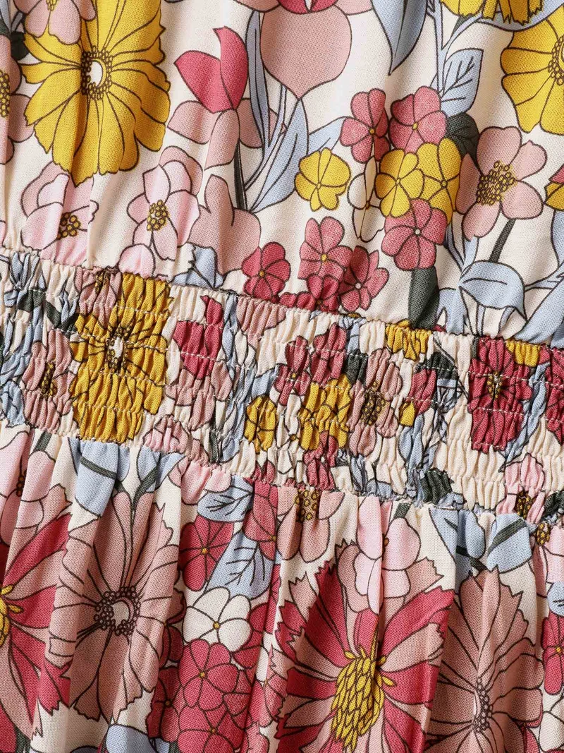 Vibrant Floral Print Pleated Waist Midi Dress