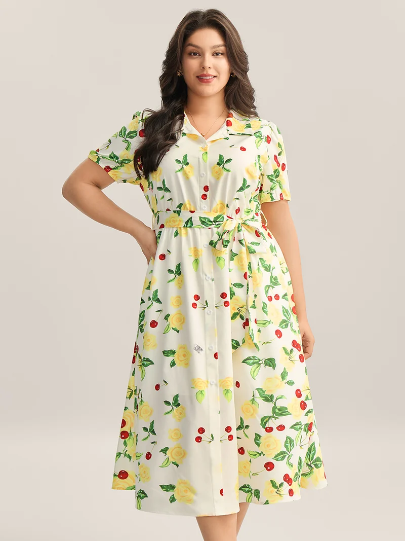 Rosy Cherry Print Stretchy Waist Shirt Dress