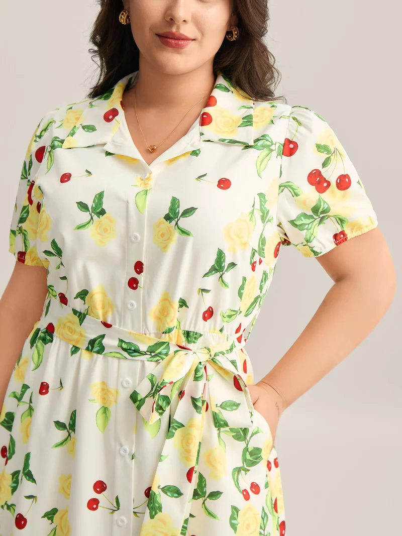 Rosy Cherry Print Stretchy Waist Shirt Dress