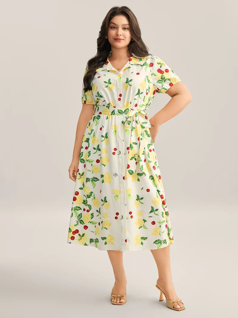 Rosy Cherry Print Stretchy Waist Shirt Dress