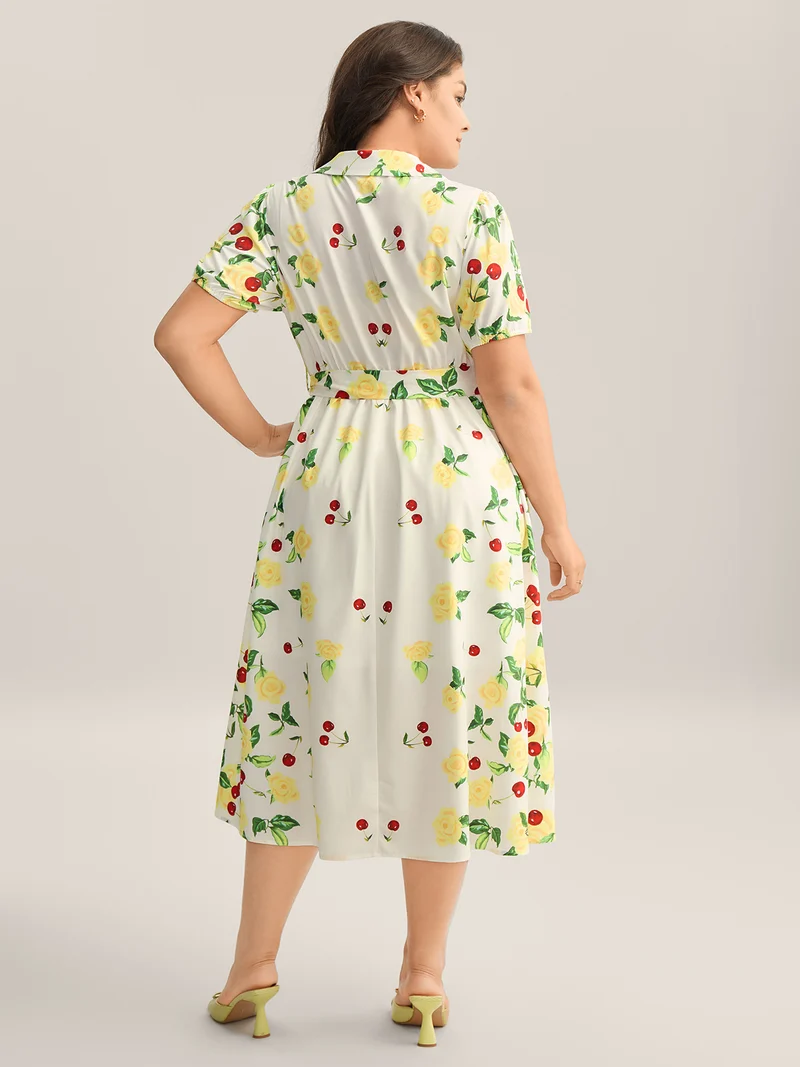 Rosy Cherry Print Stretchy Waist Shirt Dress