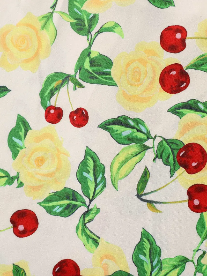 Rosy Cherry Print Stretchy Waist Shirt Dress