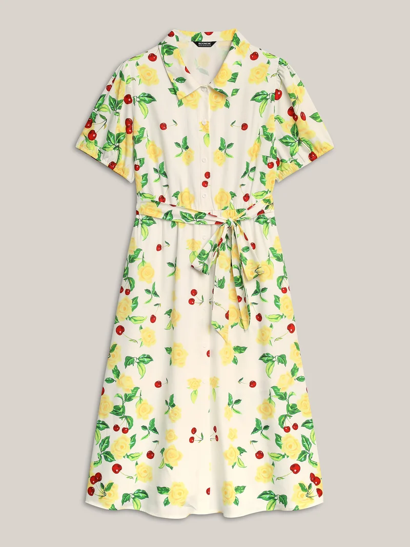 Rosy Cherry Print Stretchy Waist Shirt Dress