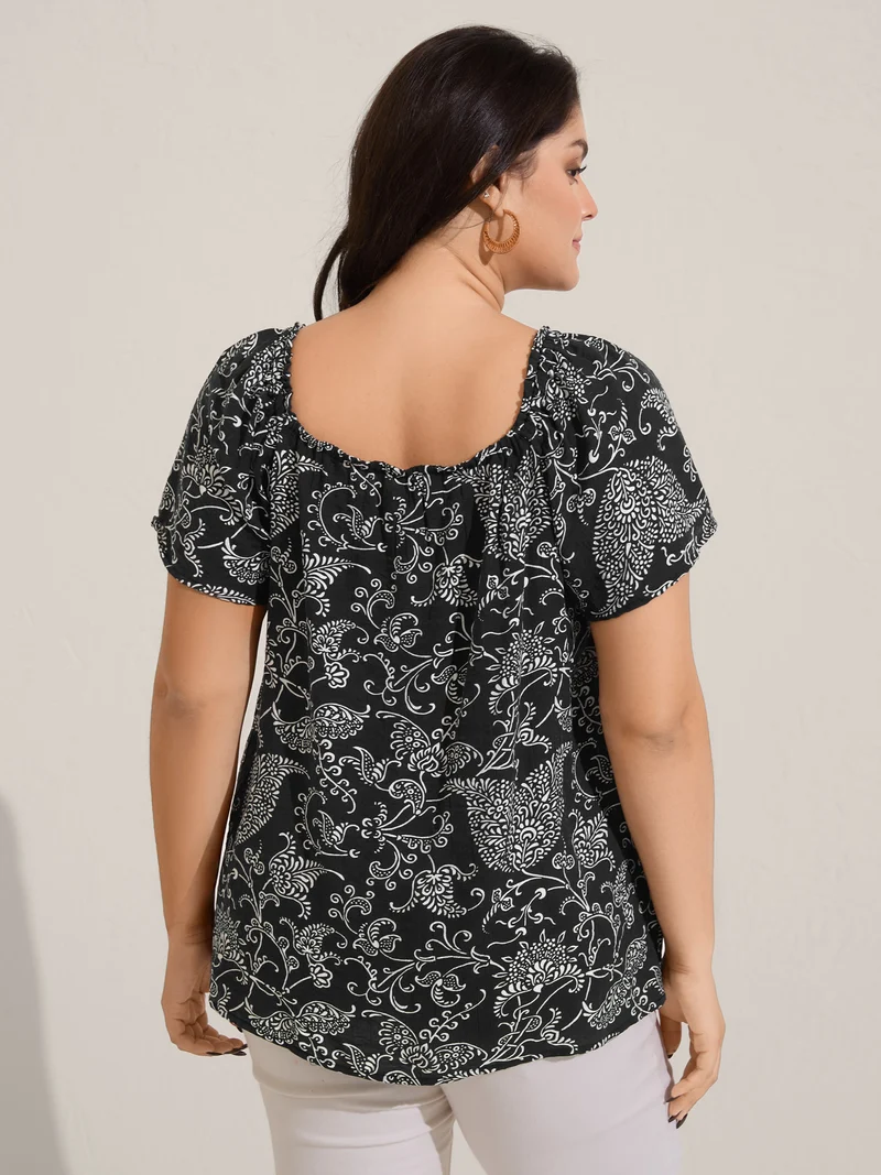 Floral Print Shirred Neck Flowy Blouse