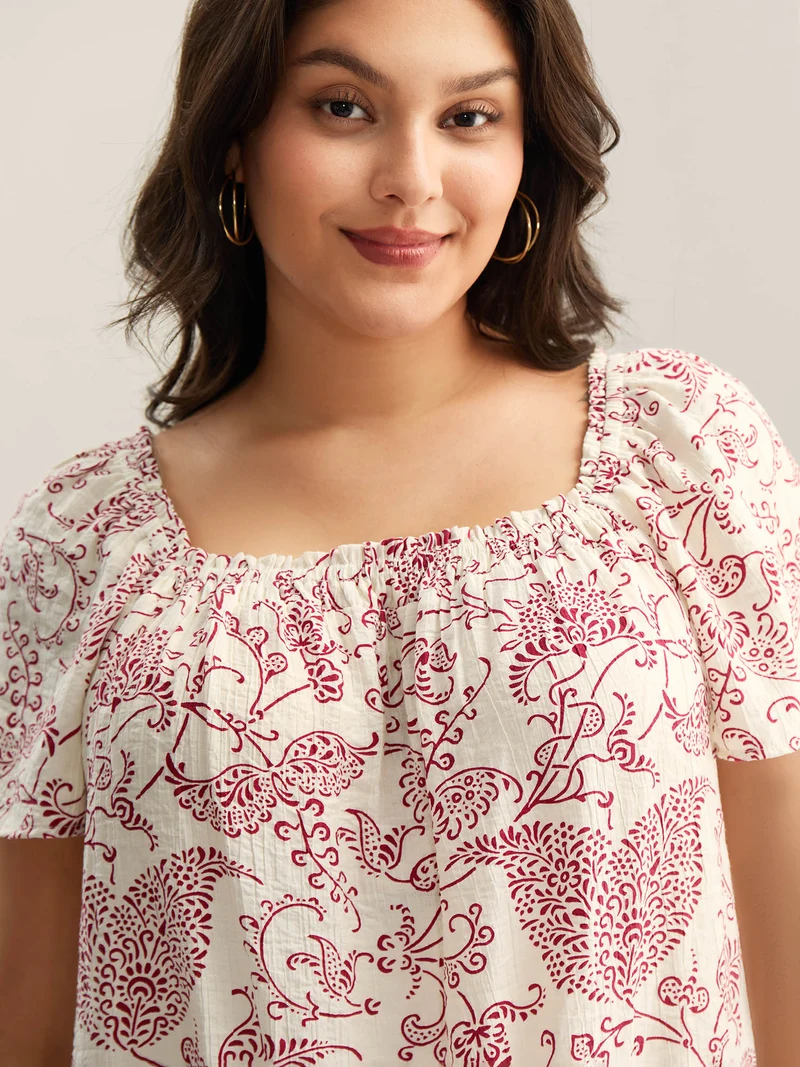 Floral Print Shirred Neck Flowy Blouse