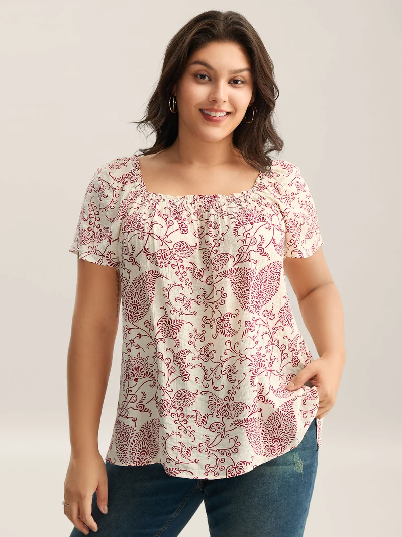 Floral Print Shirred Neck Flowy Blouse