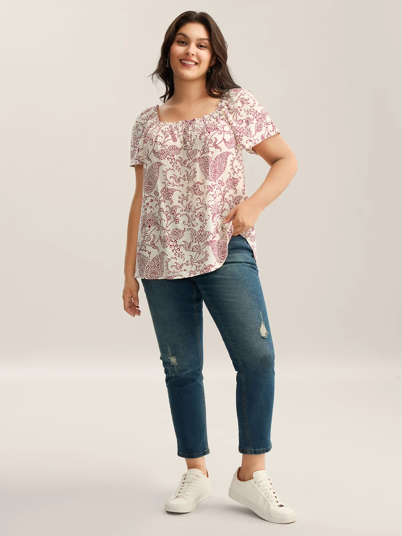 Floral Print Shirred Neck Flowy Blouse