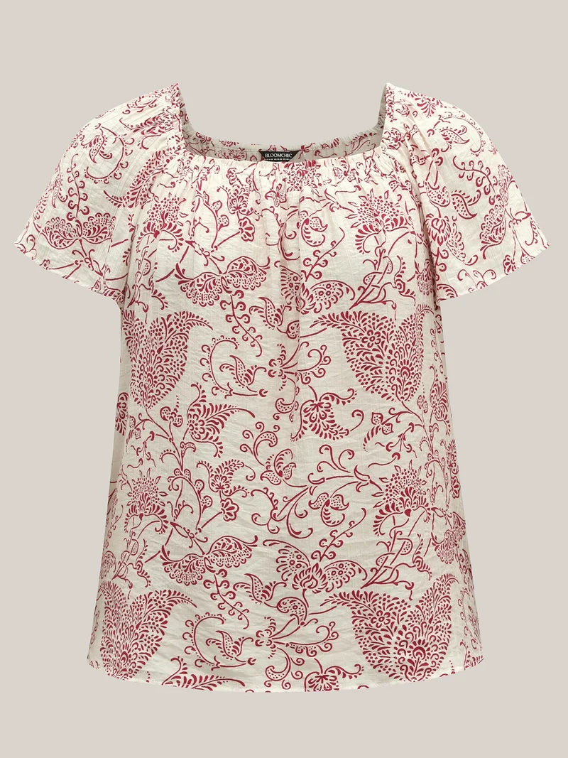 Floral Print Shirred Neck Flowy Blouse