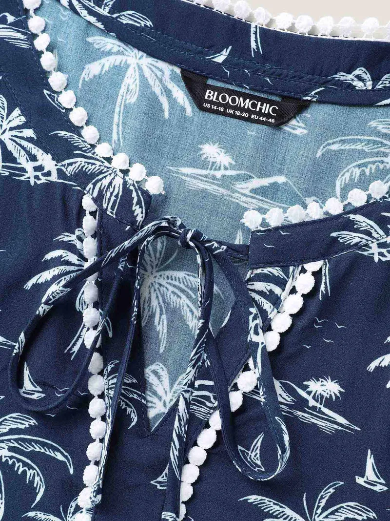 Tropical Print Lace Trim Flowy Blouse