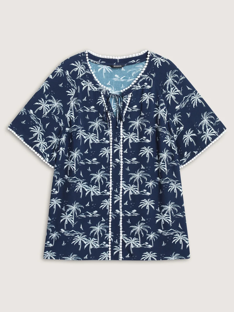 Tropical Print Lace Trim Flowy Blouse