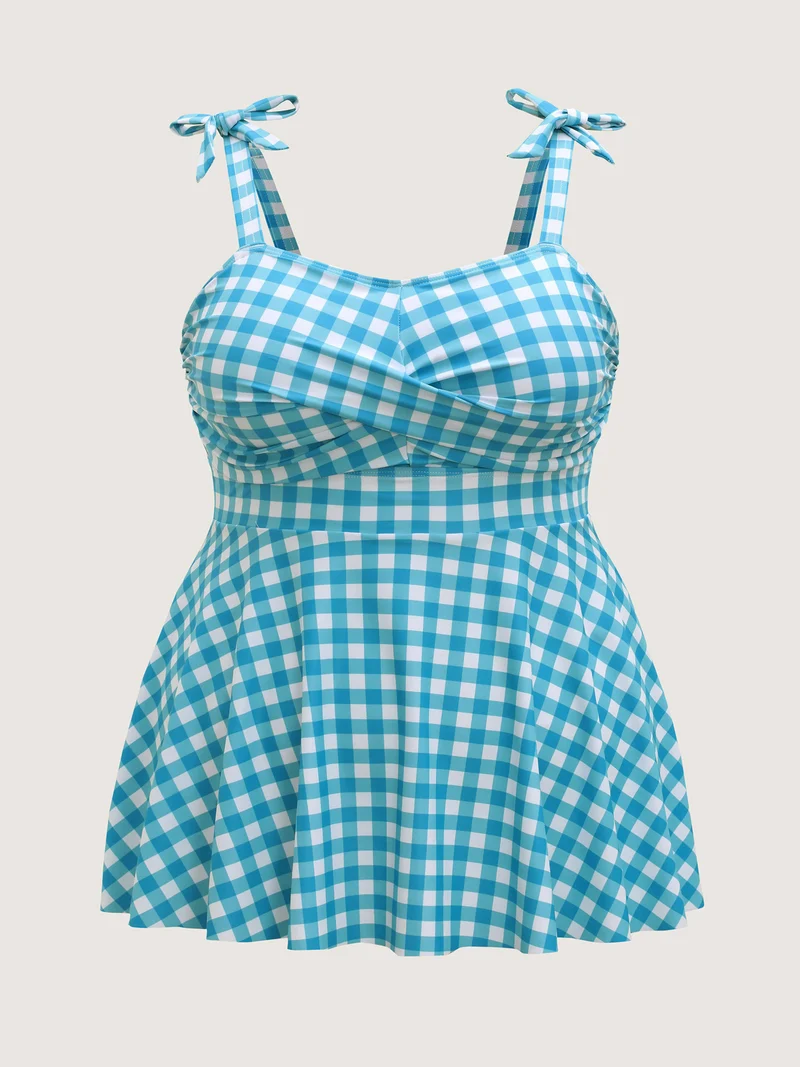 Checkered Twist Front Flared Swim Top