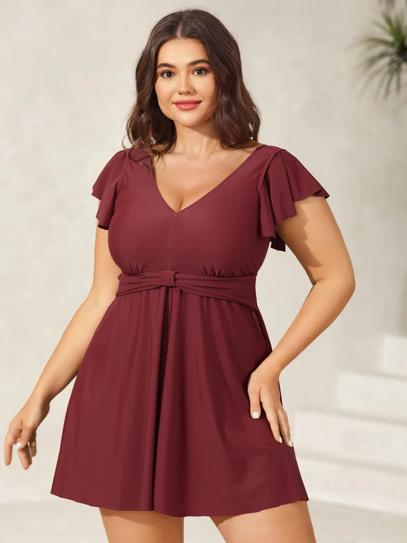 Pleated Waist Flutter Sleeve Swim Dress