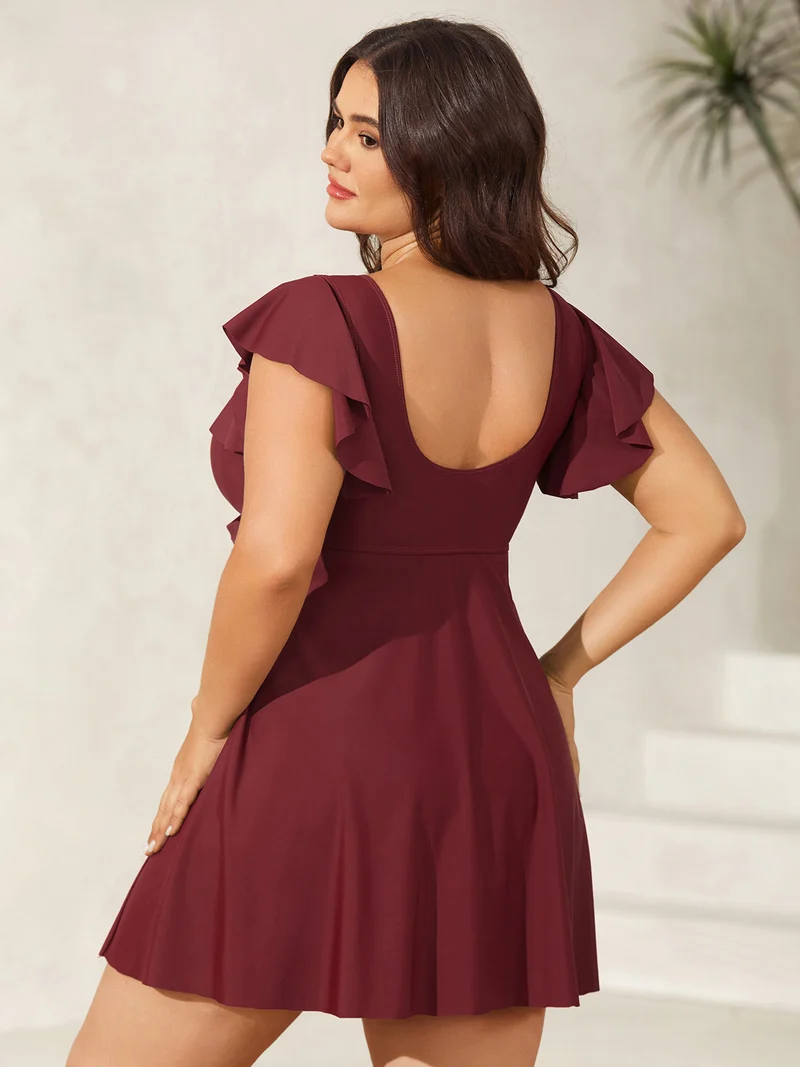 Pleated Waist Flutter Sleeve Swim Dress