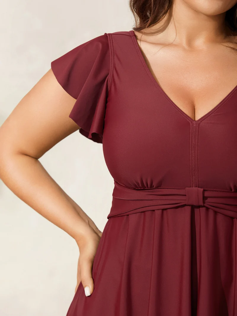 Pleated Waist Flutter Sleeve Swim Dress
