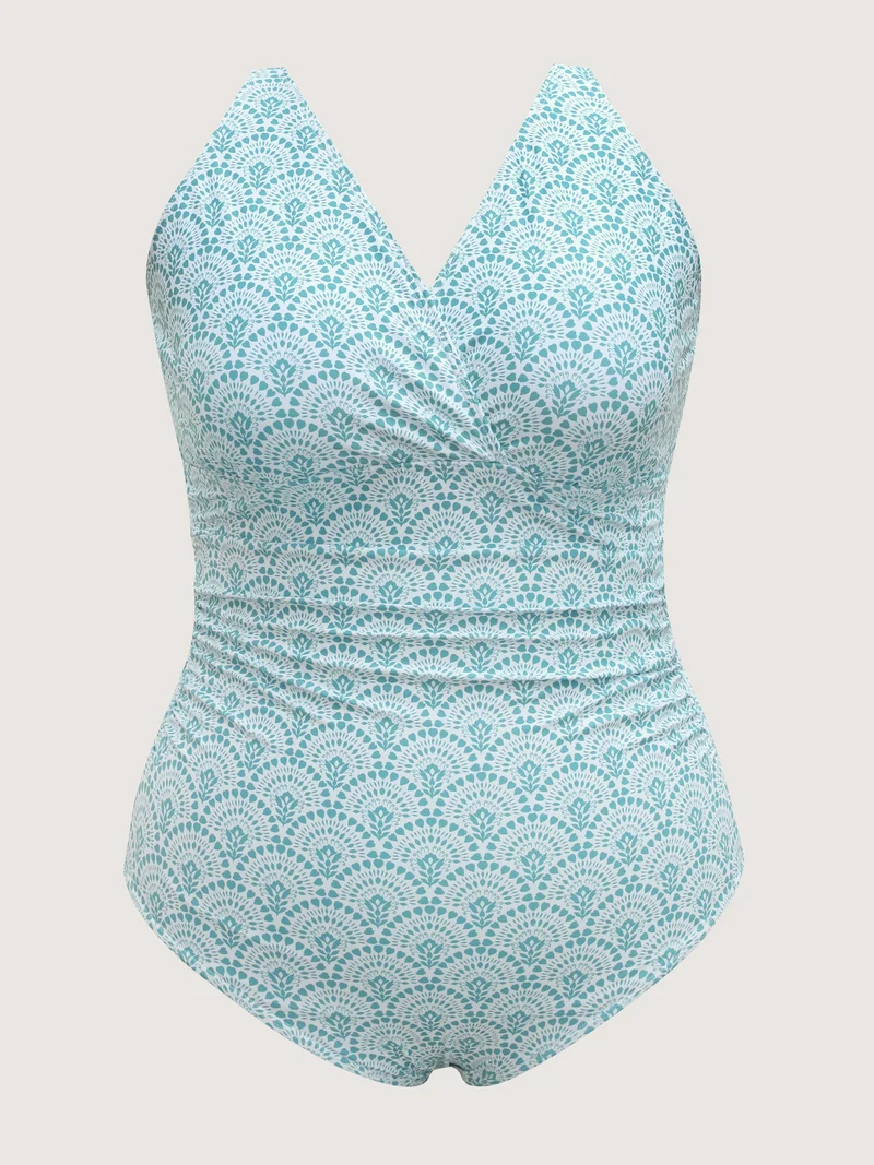 Geometric Print Surplice One-Piece Swimsuit
