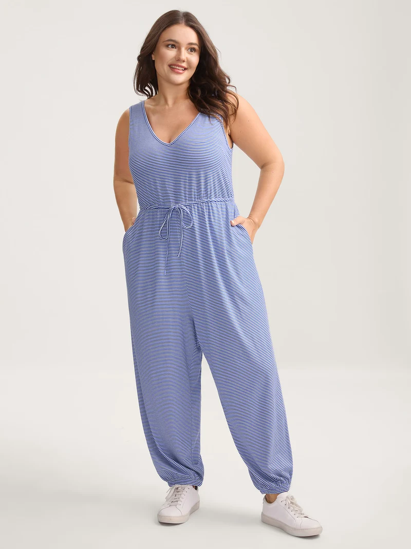 Stripe Print Stretchy Hem Cami Jumpsuit