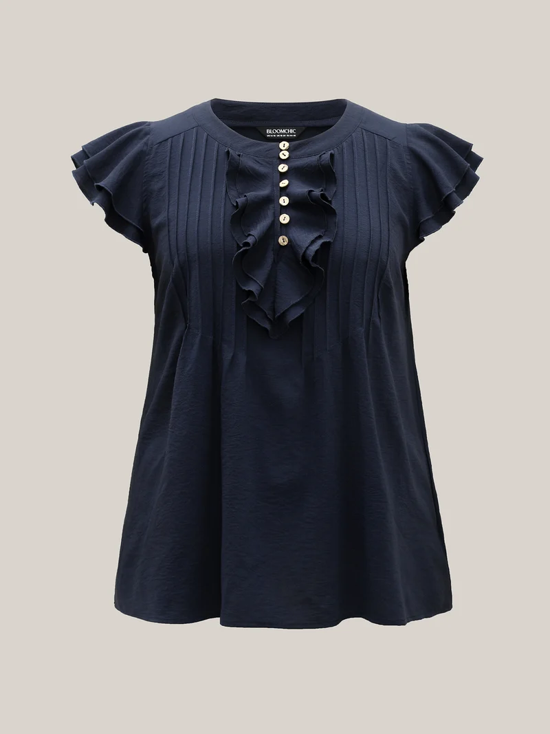 Solid Ruffle Trim Toothpick Pleat Blouse