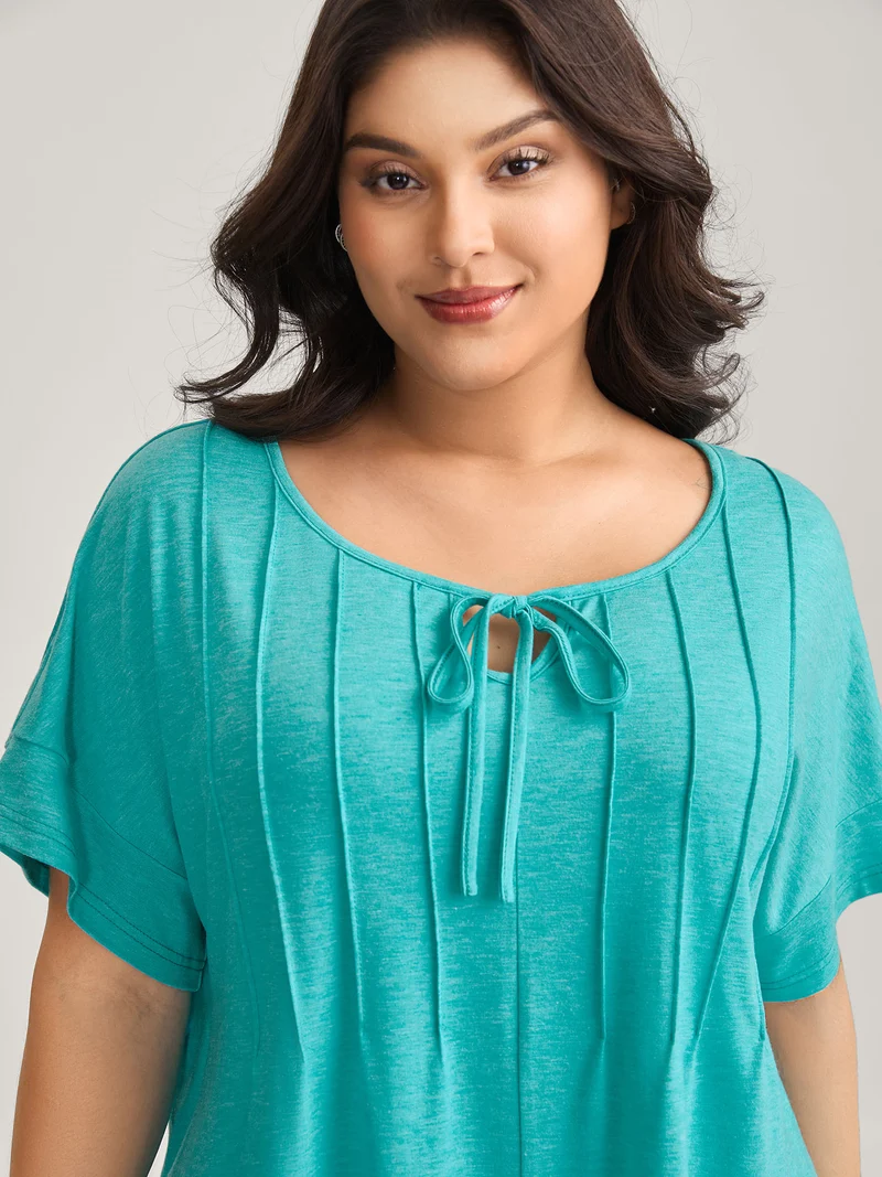Pleated Neck-Tie Solid T-Shirt
