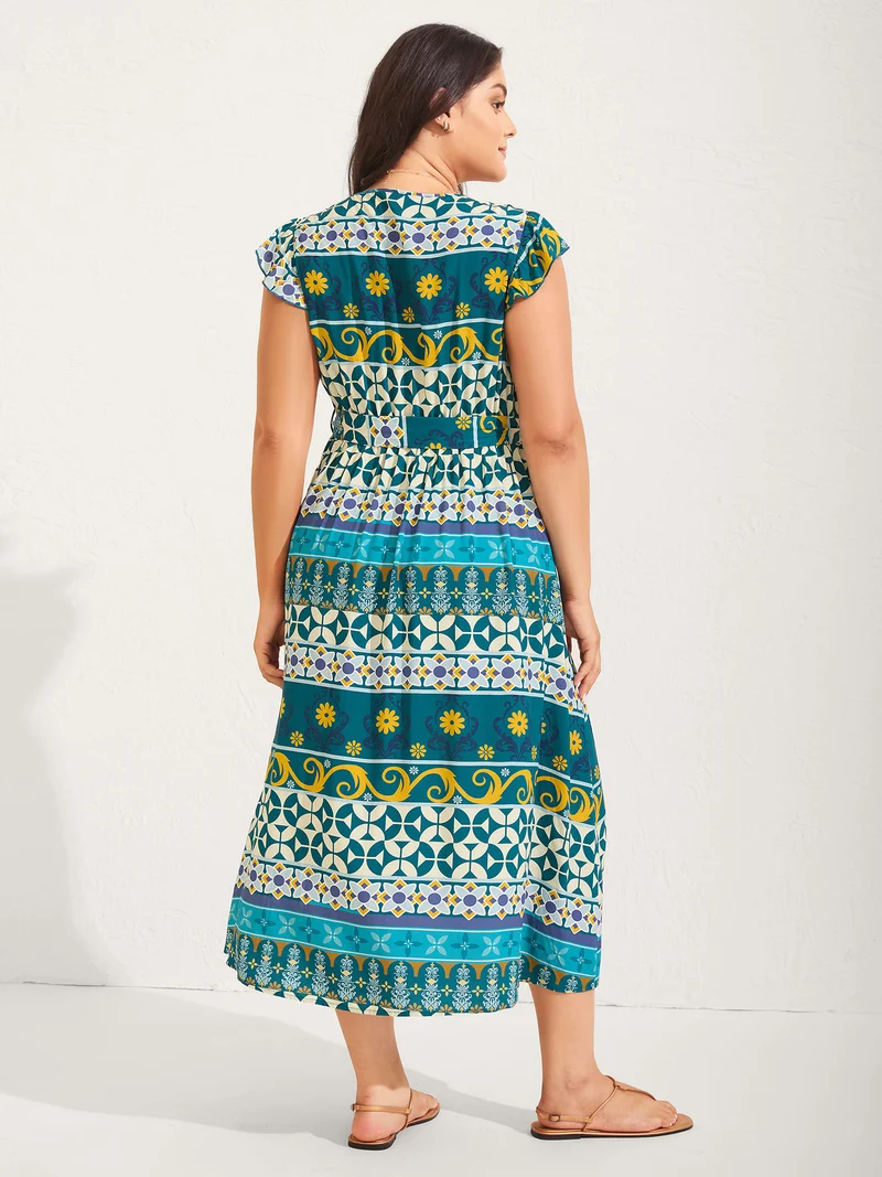 Rayon Boho Stretchy Waist Pockets Midi Dress