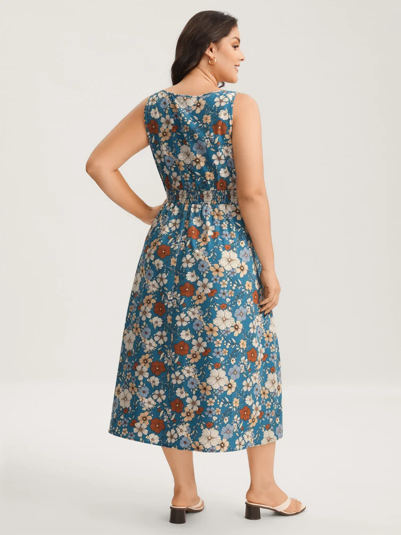 Floral Print Shirred Waist Midi Dress