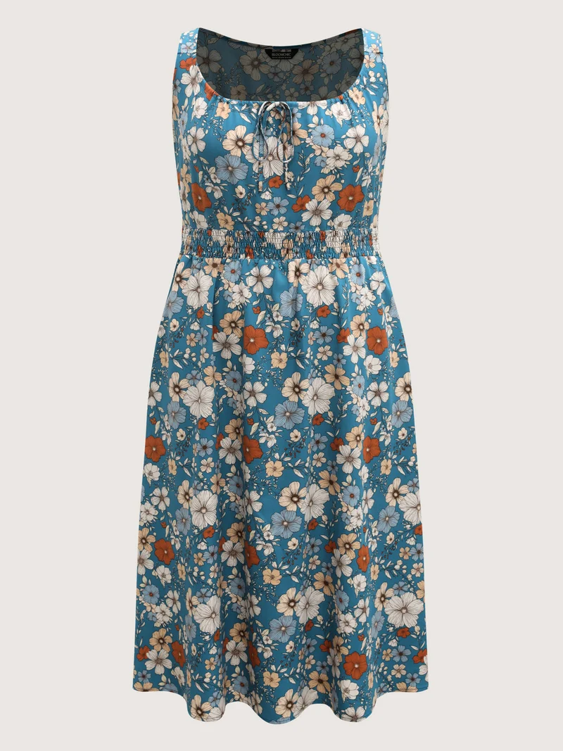 Floral Print Shirred Waist Midi Dress