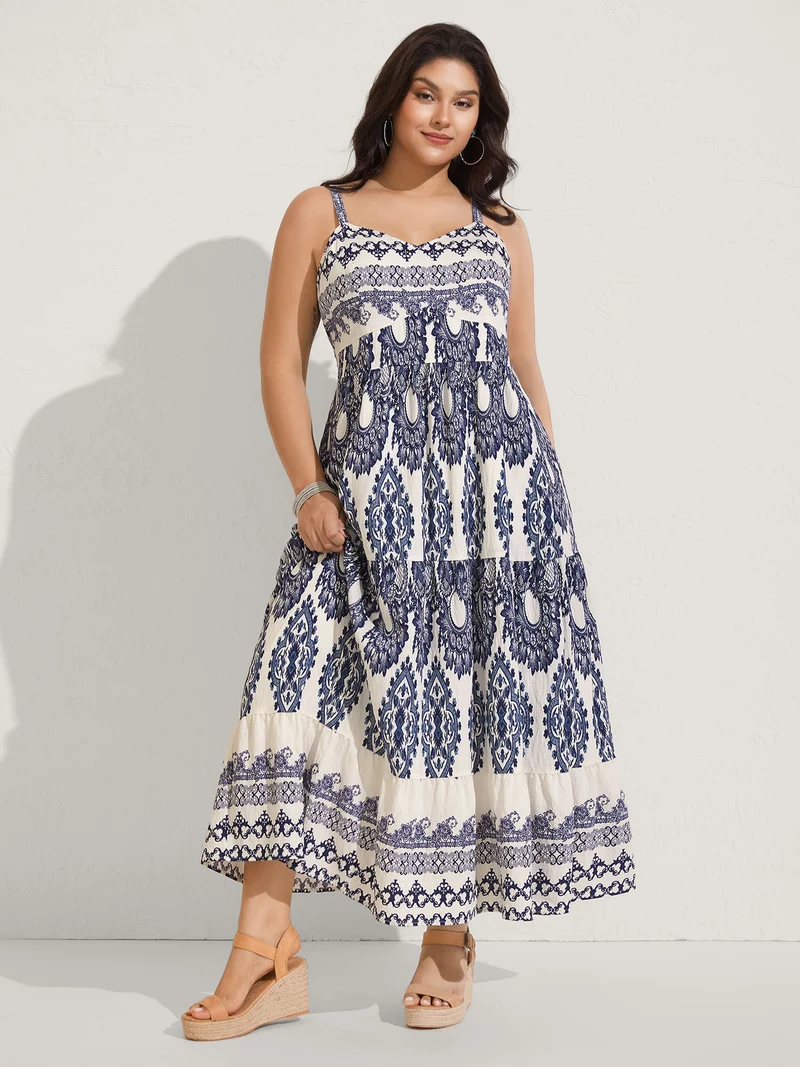 Boho Print Shirred Cami Midi Dress