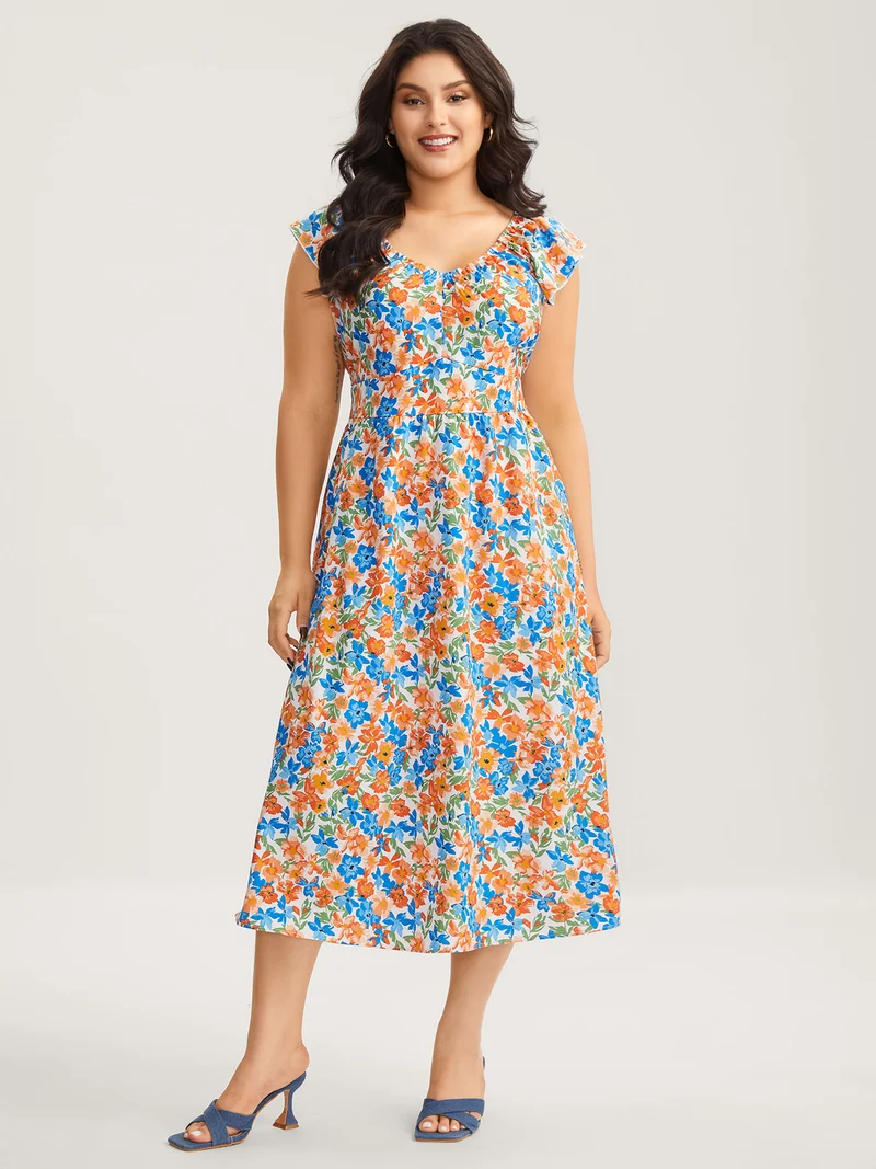 Floral Print Stretchy Waist Flutter Midi Dress