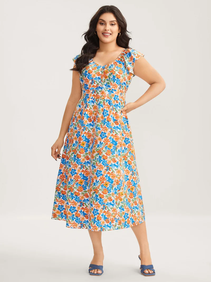 Floral Print Stretchy Waist Flutter Midi Dress