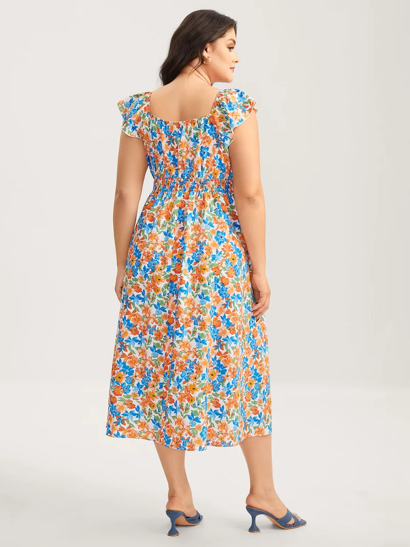 Floral Print Stretchy Waist Flutter Midi Dress
