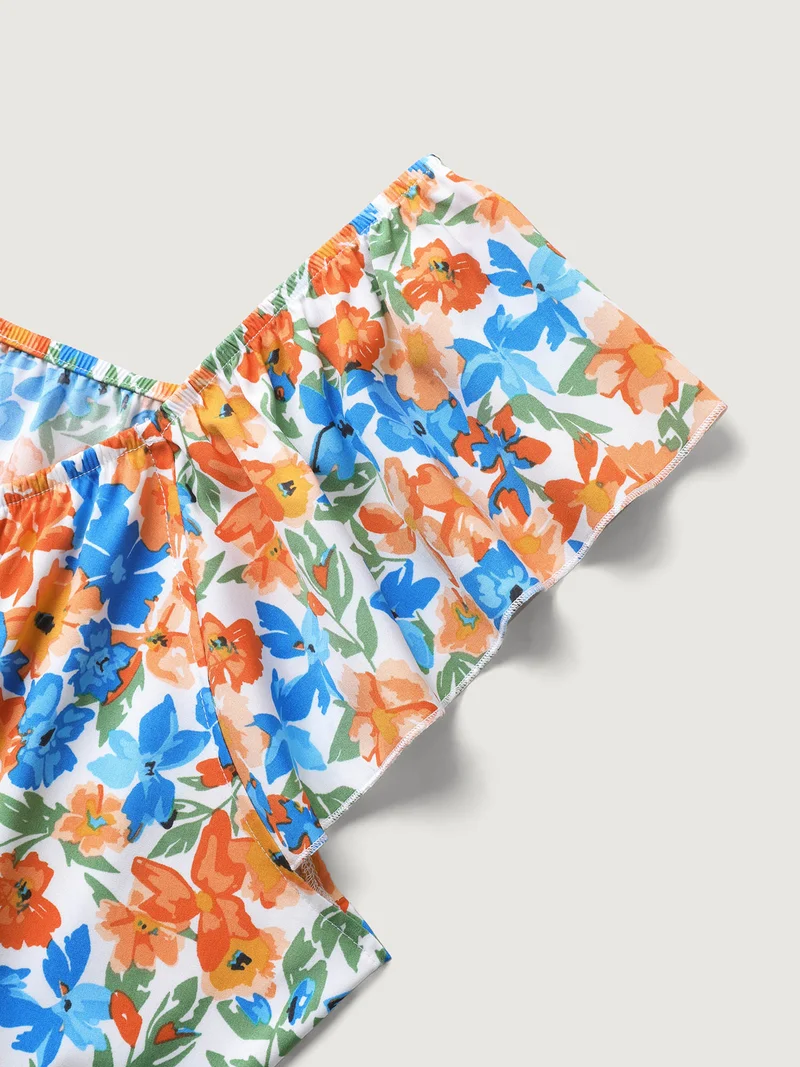 Floral Print Stretchy Waist Flutter Midi Dress
