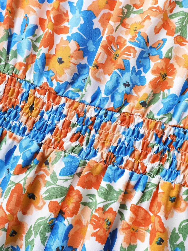 Floral Print Stretchy Waist Flutter Midi Dress