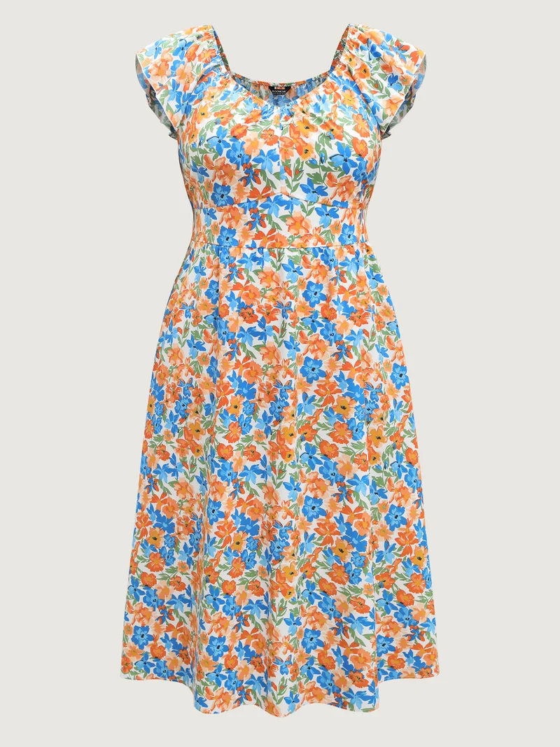Floral Print Stretchy Waist Flutter Midi Dress