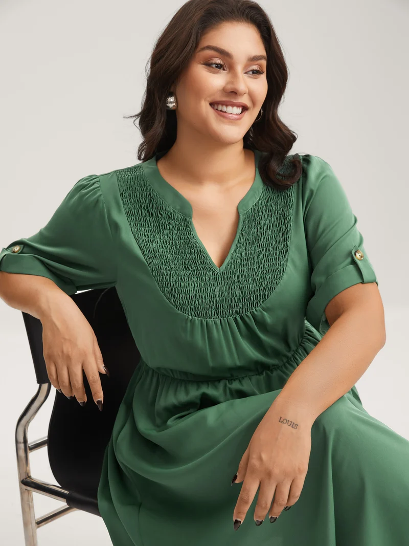 Shirred Neck Stretchy Waist Pockets Midi Dress