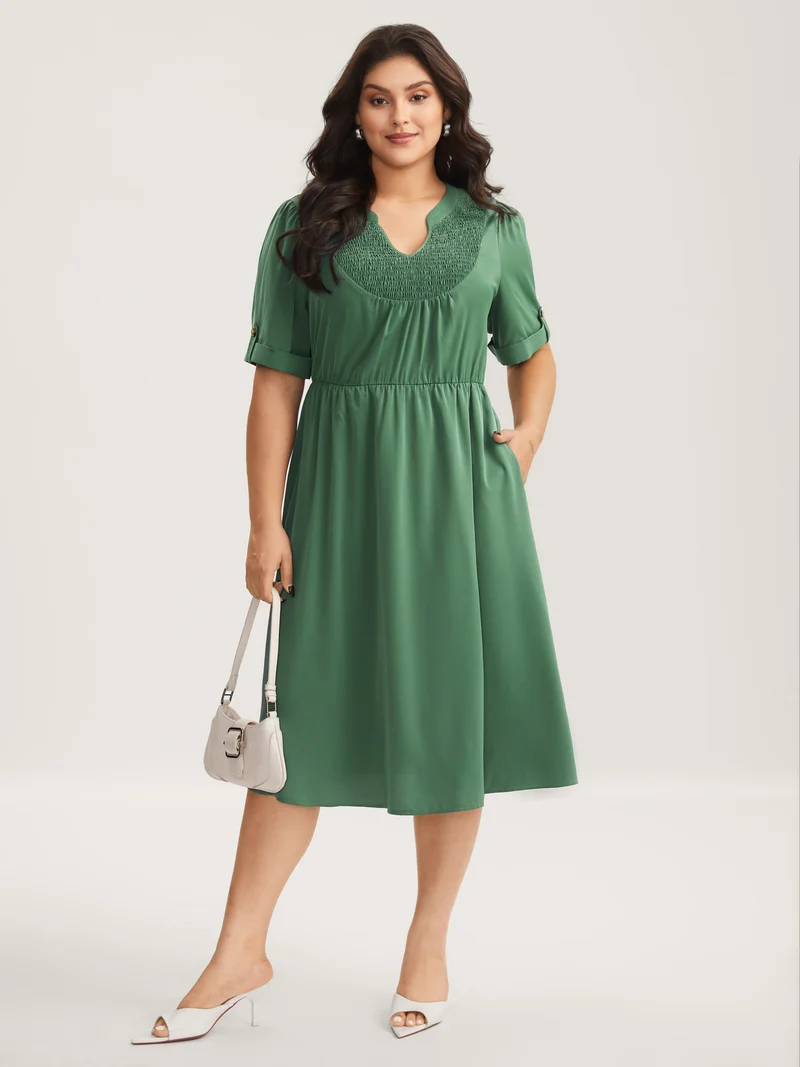 Shirred Neck Stretchy Waist Pockets Midi Dress