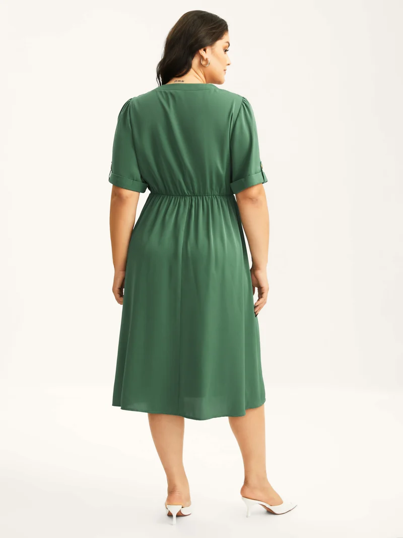 Shirred Neck Stretchy Waist Pockets Midi Dress