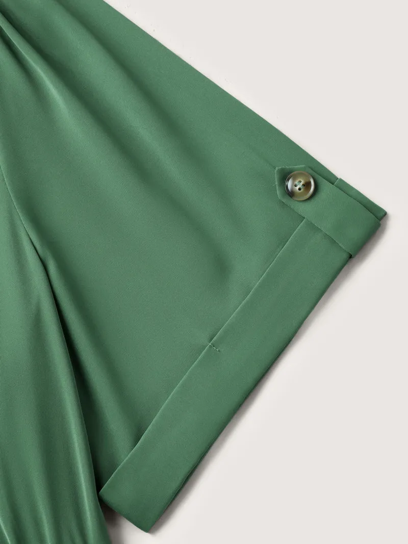Shirred Neck Stretchy Waist Pockets Midi Dress