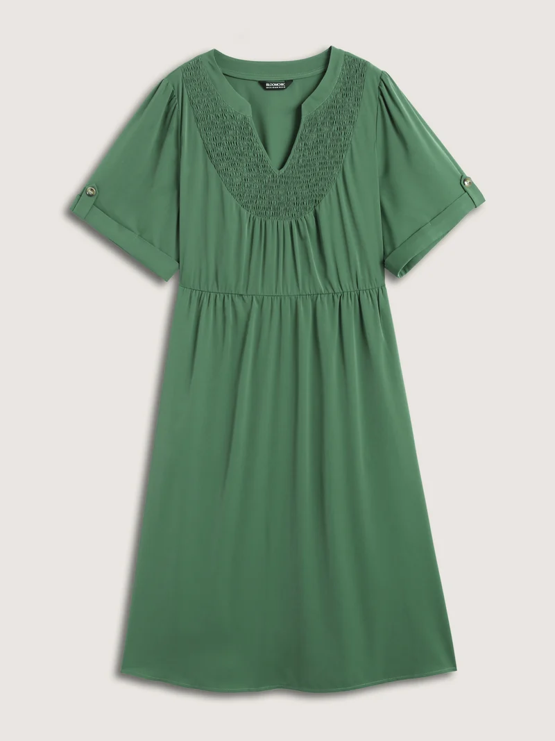 Shirred Neck Stretchy Waist Pockets Midi Dress