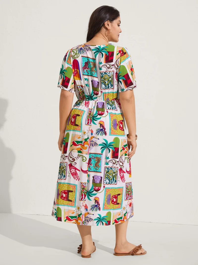 Tropical Collage Print Pockets Midi Dress