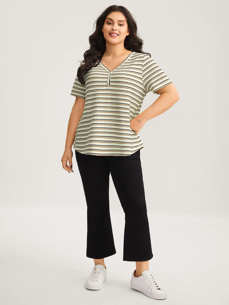 Waffle Stripe Button Detail T-Shirt