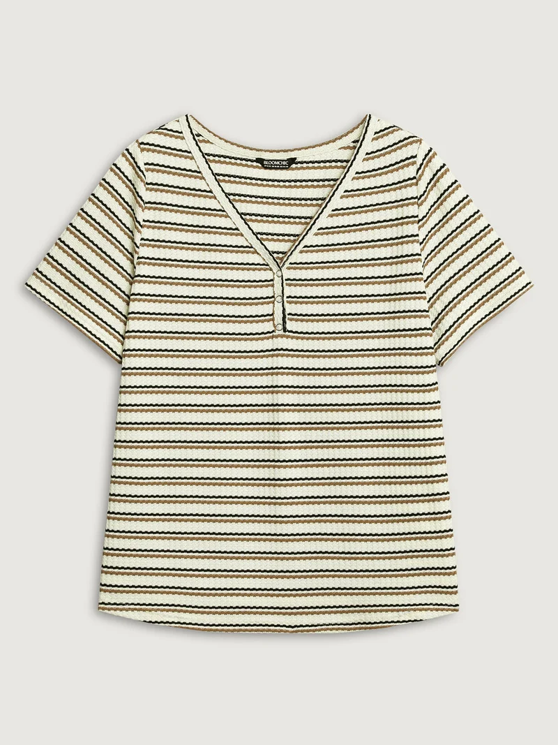 Waffle Stripe Button Detail T-Shirt