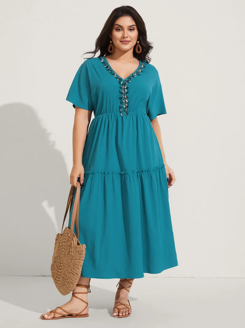 Collar Seashells Tassels Tiered Maxi Dress