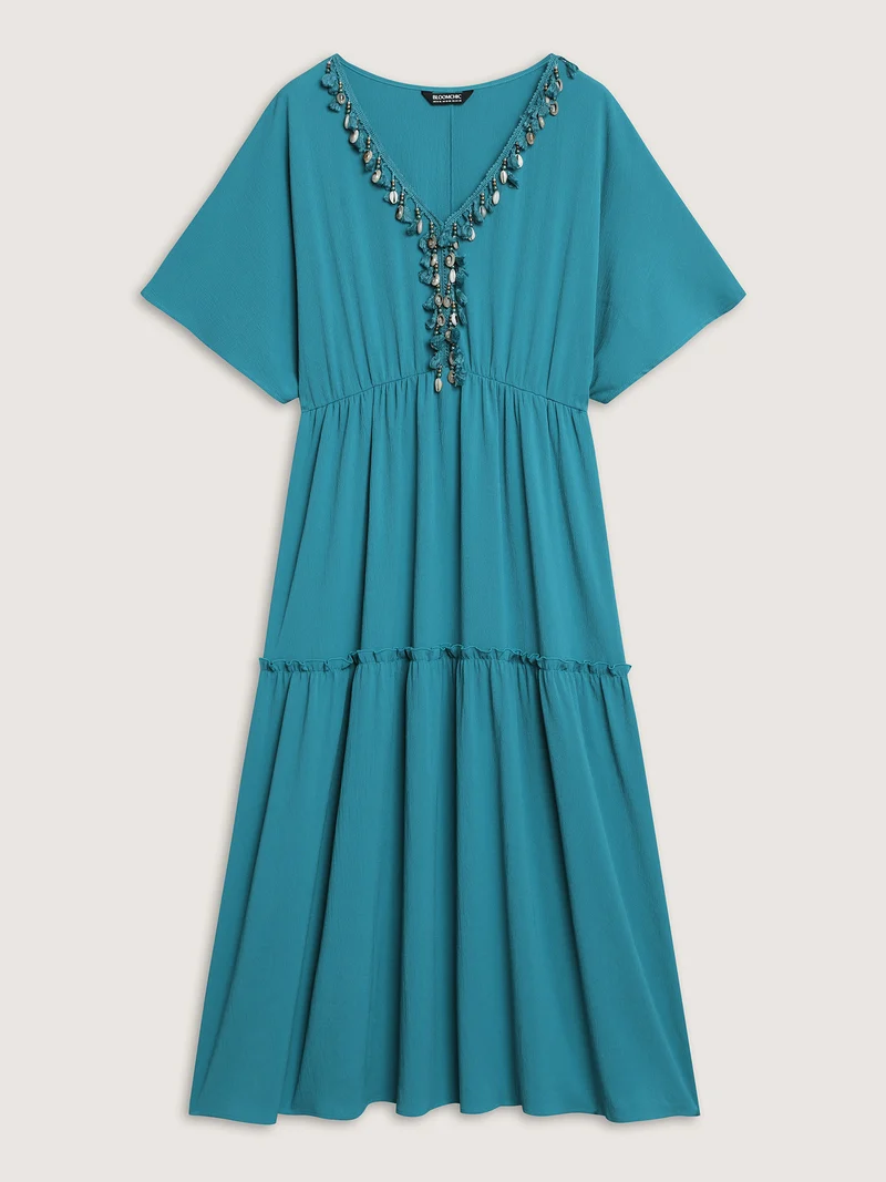 Collar Seashells Tassels Tiered Maxi Dress