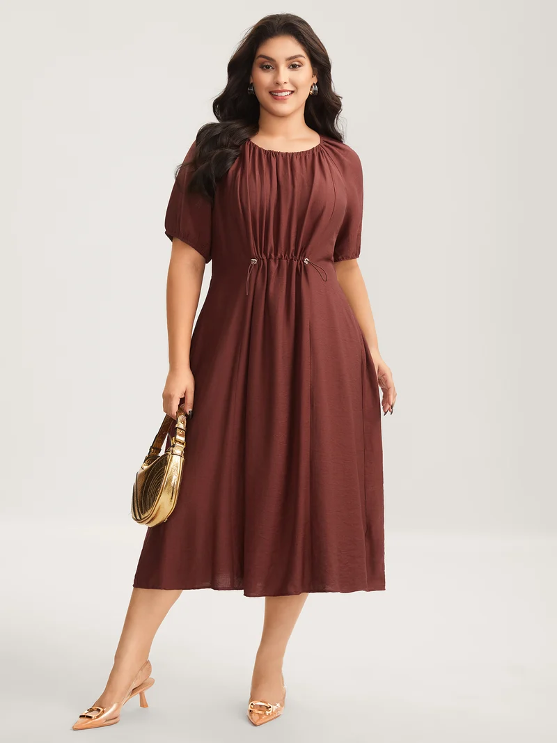 Rayon Pleated Waist-Cut Midi Dress