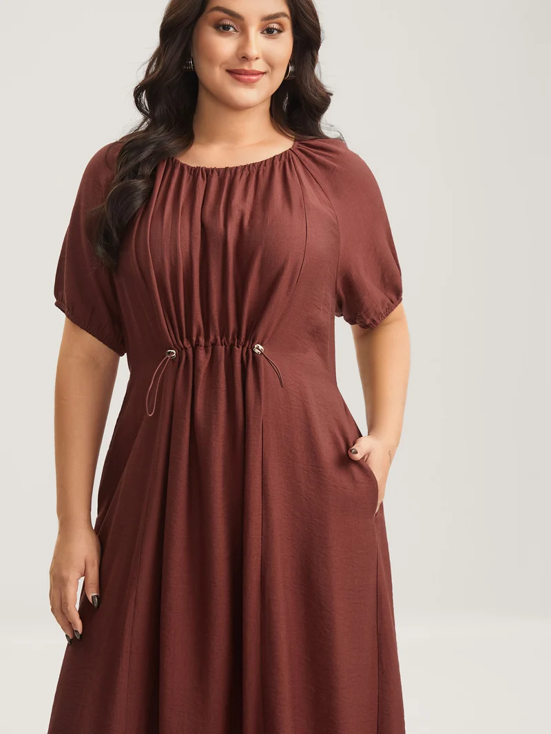 Rayon Pleated Waist-Cut Midi Dress