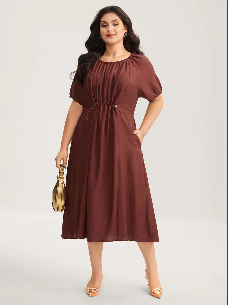 Rayon Pleated Waist-Cut Midi Dress