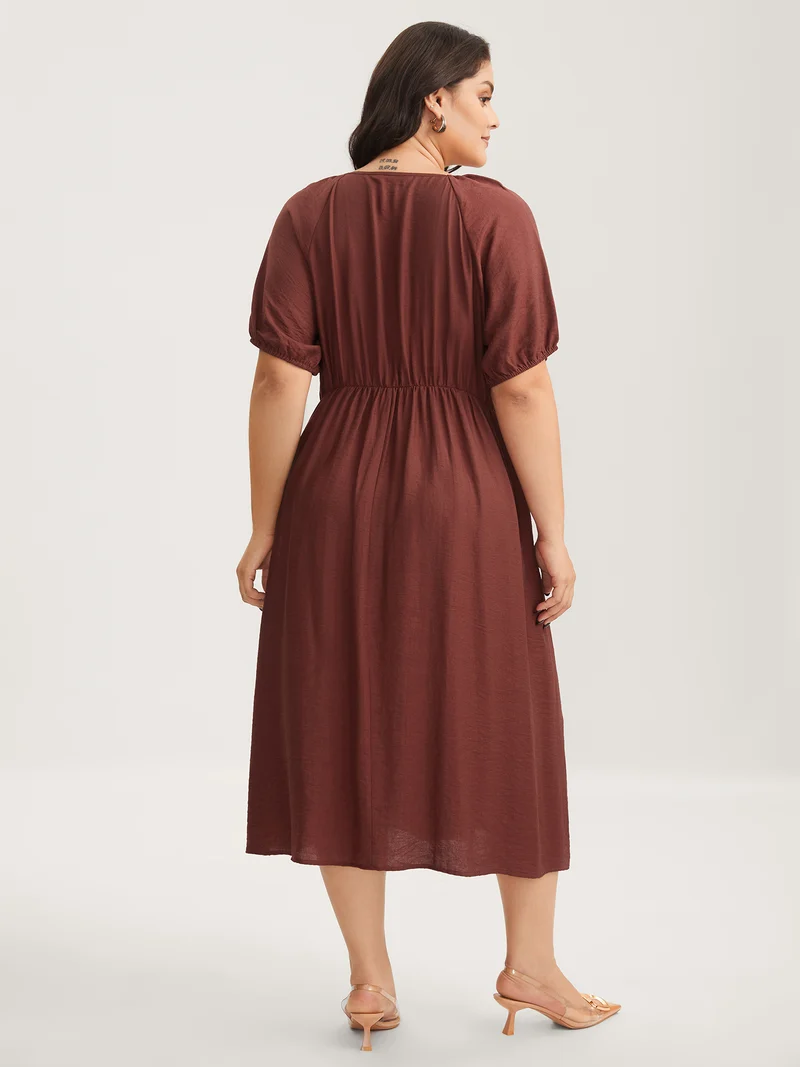 Rayon Pleated Waist-Cut Midi Dress