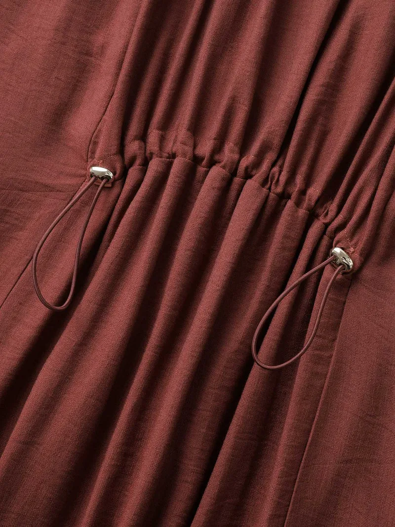 Rayon Pleated Waist-Cut Midi Dress