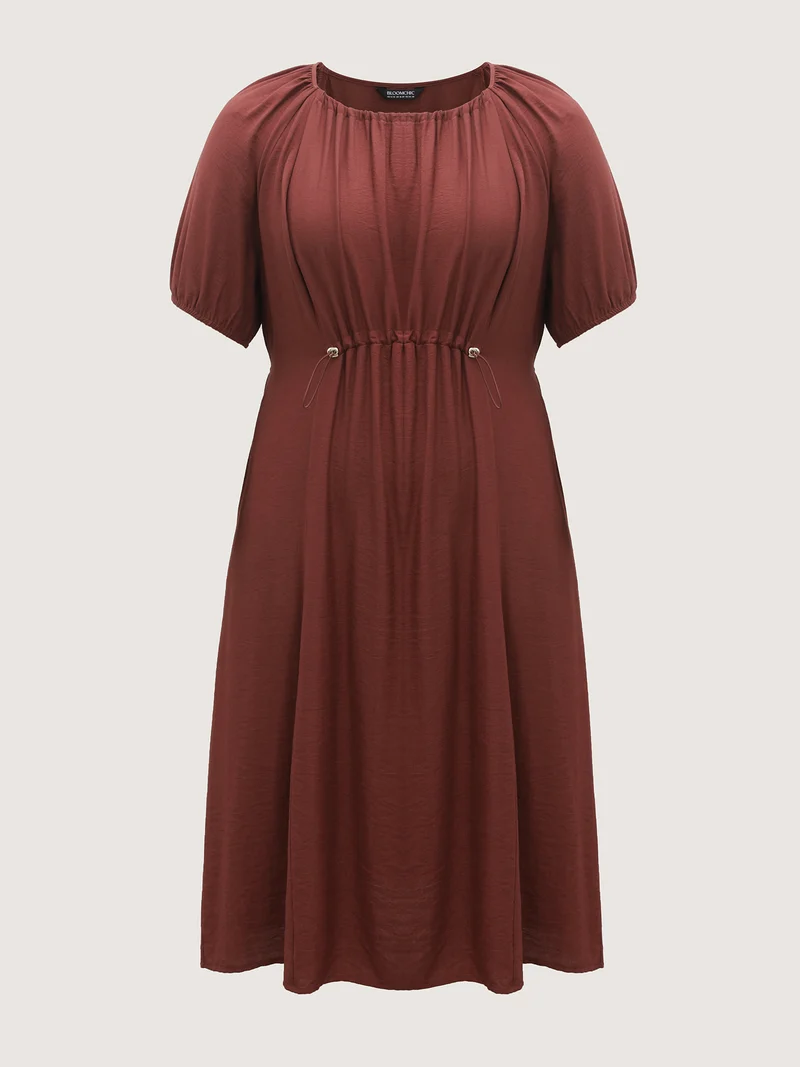 Rayon Pleated Waist-Cut Midi Dress
